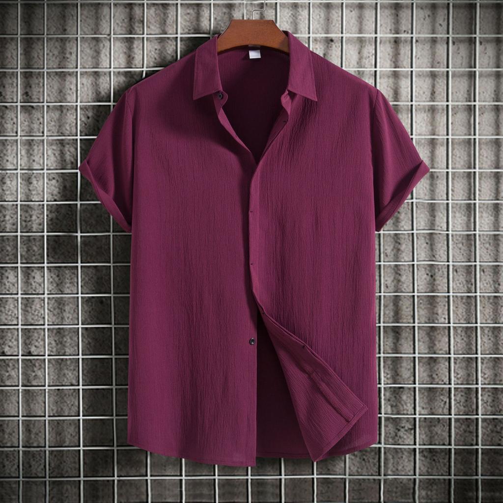 Summer Cotton Linen Shirt for Men's Lapel Loose Solid Color Hide Button Up Short Sleeve Shirts