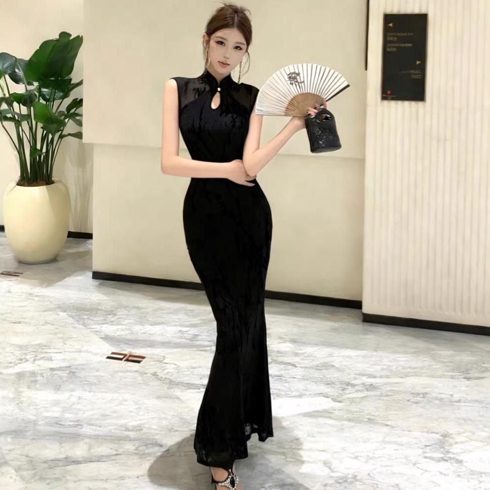 Black New Chinese Improved Cheongsam Mesh Splicing Dress, High-end Temperament Hip Dress, Waist Dress