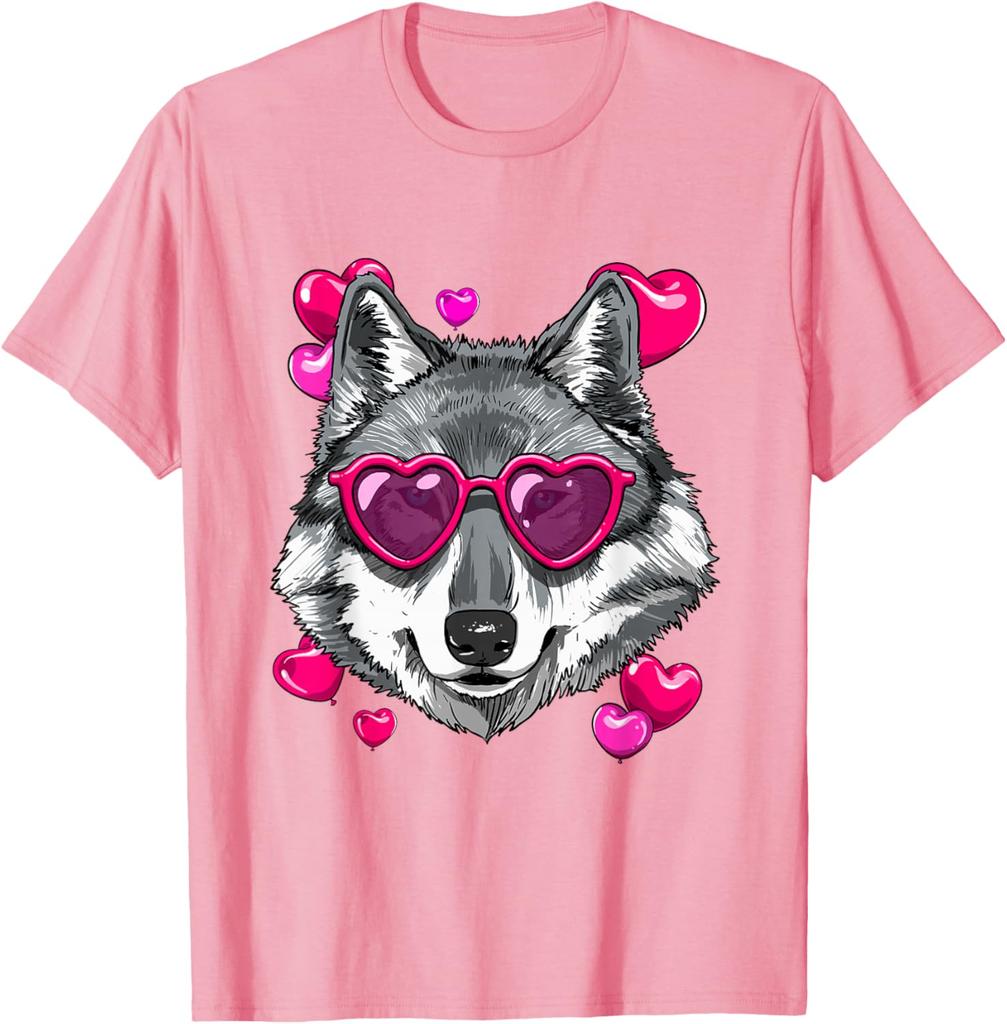 Wolf Lover Heart Sunglasses Valentine Graphic Tee Soft Casual Crewneck T-Shirt