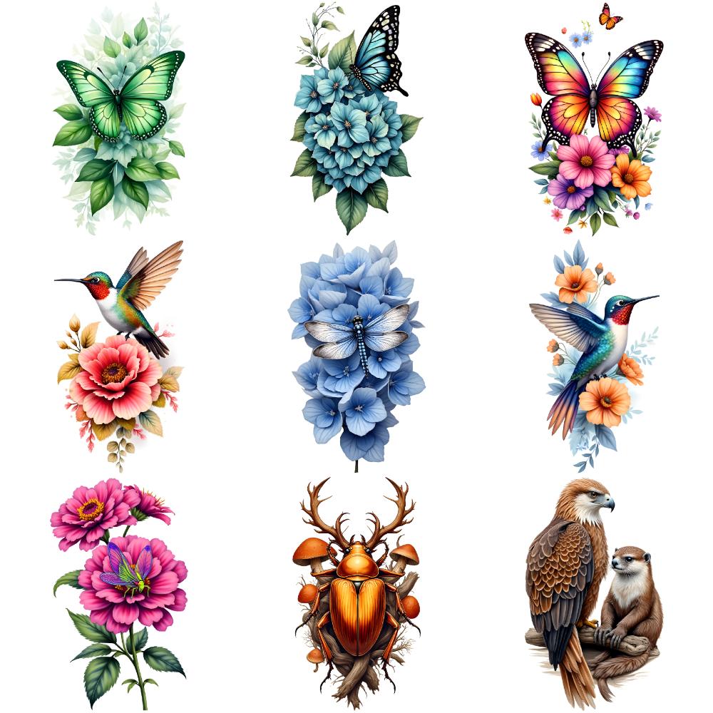 9pcs Temporary Tattoo Flower Tattoo Colorful Frog Tattoo Butterfly Tattoo For Male Arms Back