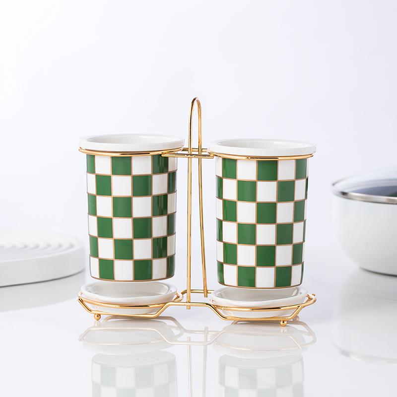 Checkerboard Ceramic Chopsticks Holder Drain Rack Chopsticks Basket Chopsticks Box Cutlery Box Storage Rack Wall-mounted Shelf