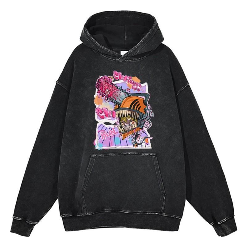 Heavyweight 440g Washed Vintage Denim-Style Anime Hoodie Men Streetwear Casual Sweatshirt