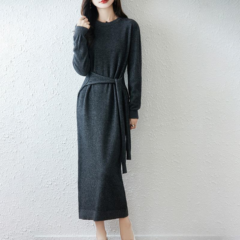 Women Sweater Dress 100% Wool TIDENOVEL O-neck Knit Long Pullover Winter Jumpers Wool Long Dress Female