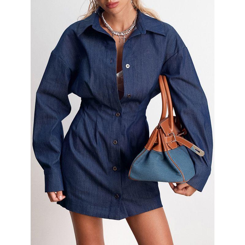

European and American Ladies Dress Lapel Long Sleeves Fashion Cinched Short Dress Pure Color Stylish Autumn Skirt Blue S