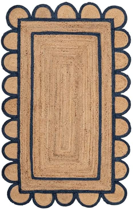 

Зубчатые джутовые коврики с синей каймой, прямоугольный джутовый коврик ручной работы с зубчатым бохо-декором 90cm x 150cm естественный