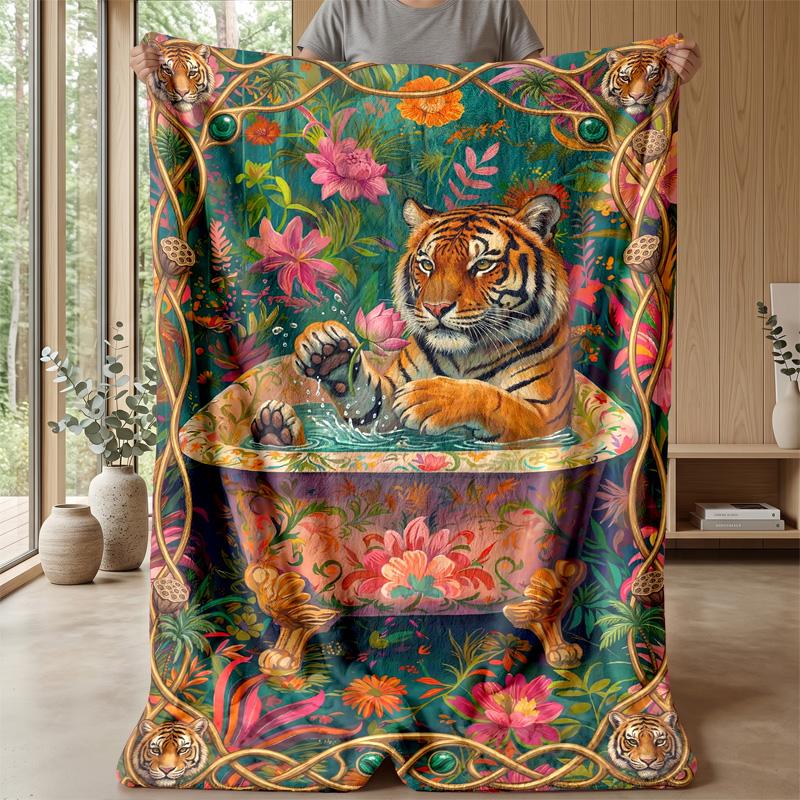 Tiger Bathing In Flowers Theme Blanket Lightweight Warm Flannel Blanket Decorative Throw Blanket for Home Decoration