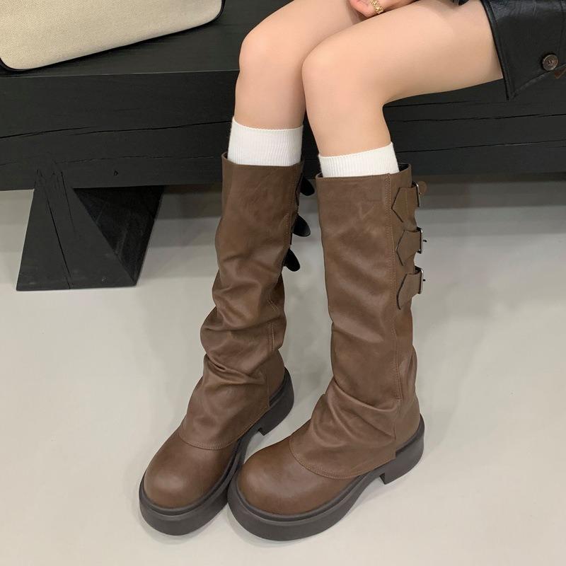 Belt buckle thick heel high boots women's winter new boots thick-soled wasteland women's boots medium heel round head boots