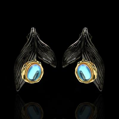 Handmade Jewelry Natural Moonstone Black Gold Two Color Handmade Women's Stud Earrings Retro Craftsmanship