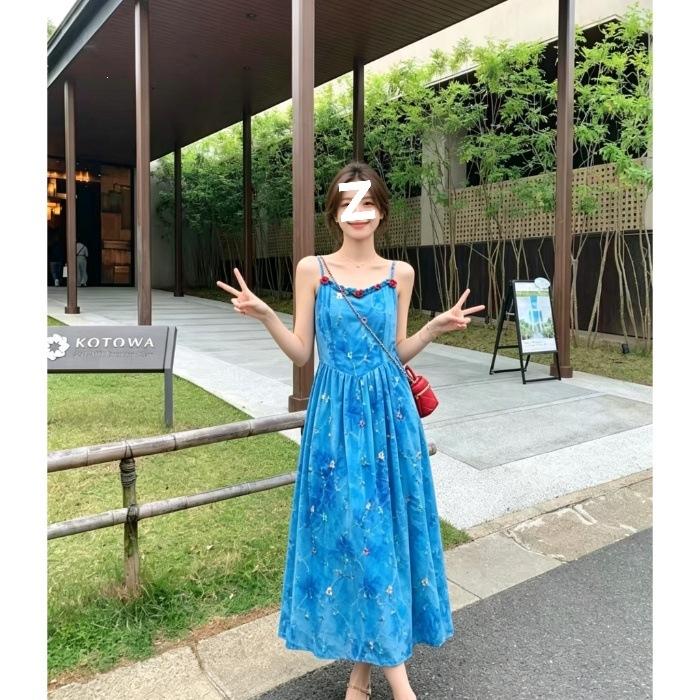 French sapphire blue long dress for women's summer waist and thin temperament elegant embroidery tie-dye suspender A-shaped skirt