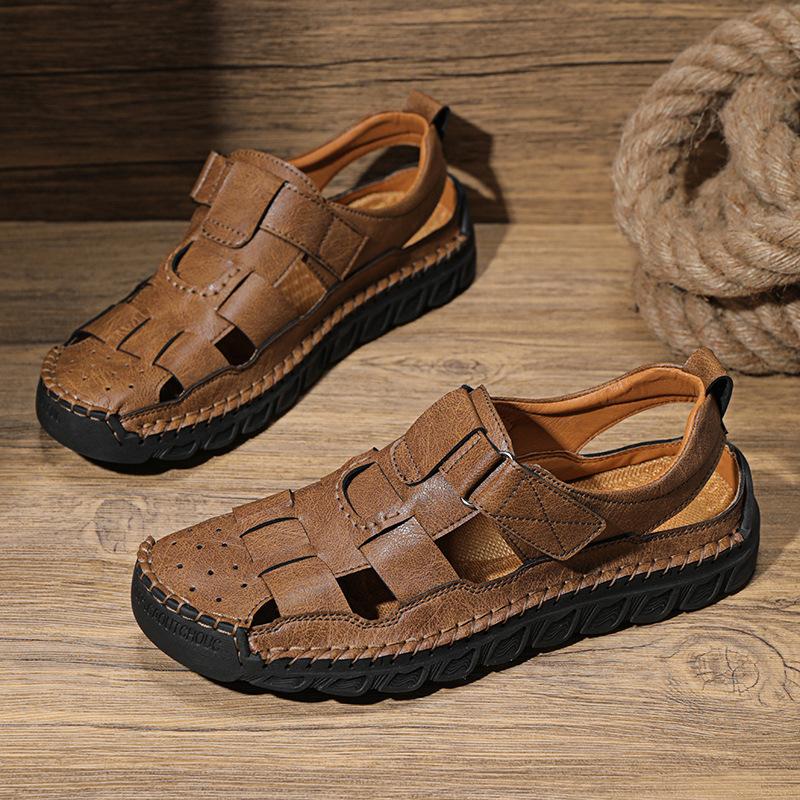 2025 Genuine Leather Sandals Men's Beach Shoes Bag Head Cowhide Casual Beef Tendon Sole Non-slip Soft and Comfortable Middle-aged Dad Shoes