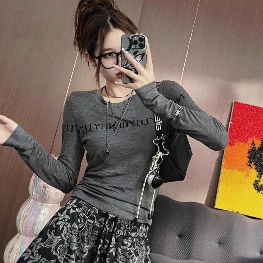 Plus Size Slim Fit Spicy Girl Letter Print Long Sleeve Top for Autumn 2025 - Flattering Base Layer T-shirt Ins Trend