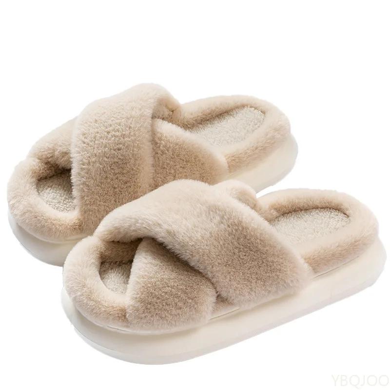 Fashion Popular Winter Plush Cross Strap Women's Cotton Slippers for Indoor Warmth Thick Bottom Anti Slip for Women's Cotton Slippers