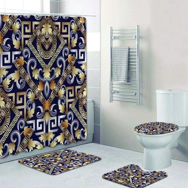 3D Luxury Black Gold Greek Key Meander Baroque Bathroom Curtains Shower Curtain Set For Bathroom Modern Geometric Bath Rug Decor