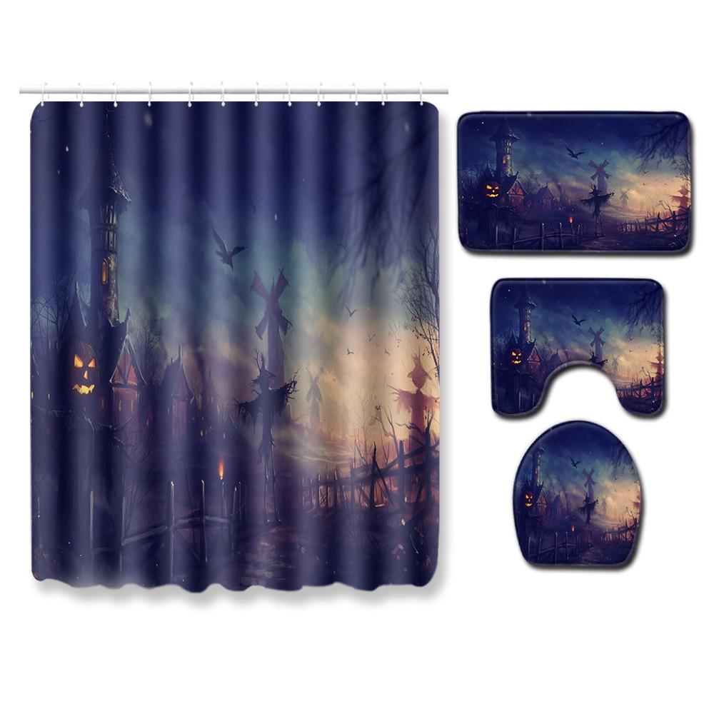 Halloween Series Bathroom Shower Curtain Floor Mat Toilet Cover Foot Mat Four-Piece Pattern Size