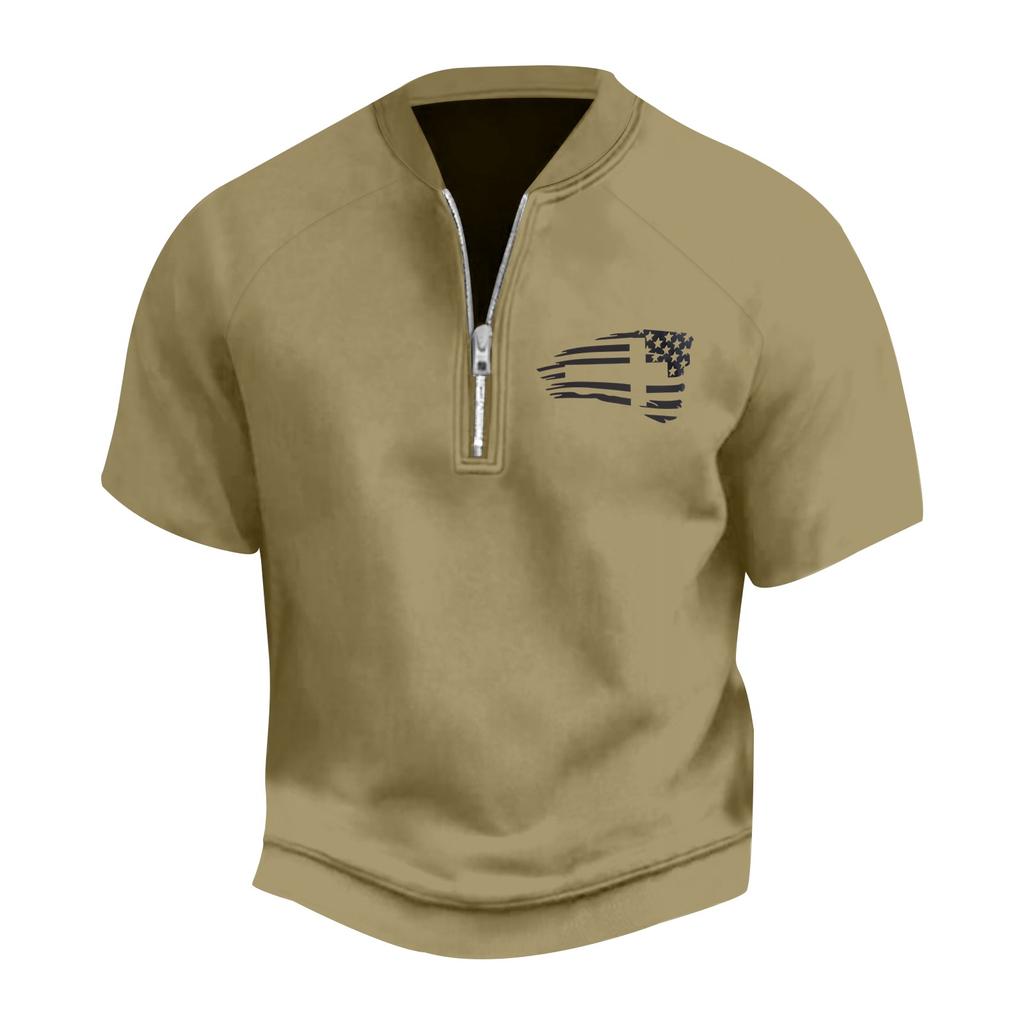 Pánské letní vintage tričko na poloviční zip s potiskem vlajky Dne nezávislosti a krátkým rukávem