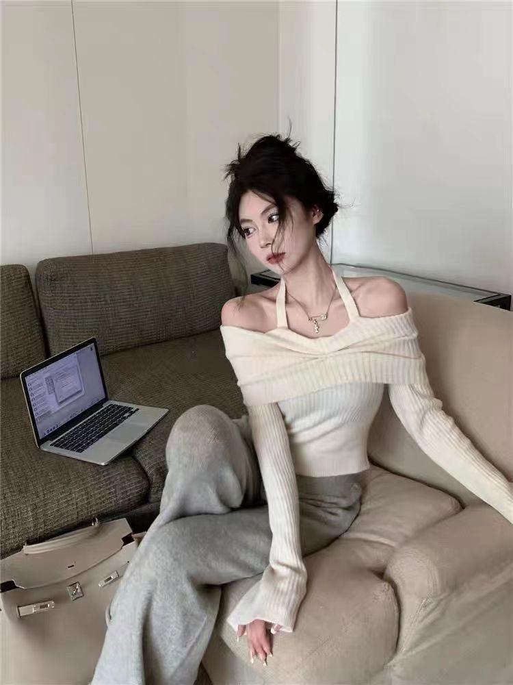 Autumn Winter Off-Shoulder Halter Knit Top for Women