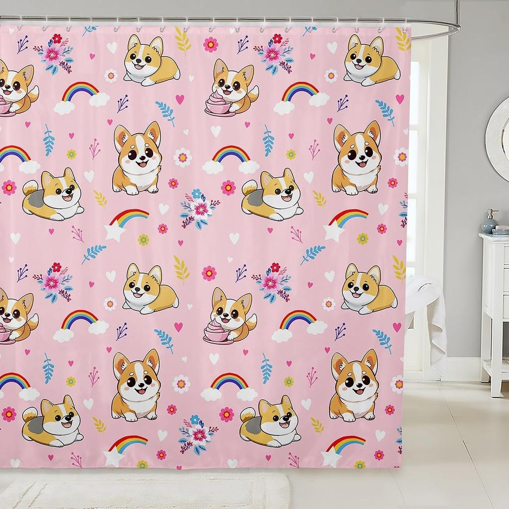 Cute Floral Cat Shower Curtain Cartoon Pet Animal Fabric Shower Curtain Colorful Kitten Flowers Bathroom Curtains Romantic