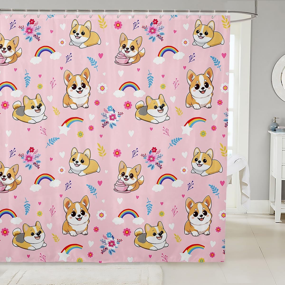 

Cute Floral Cat Shower Curtain Cartoon Pet Animal Fabric Shower Curtain Colorful Kitten Flowers Bathroom Curtains Romantic W60H190(CM)-1 Pcs