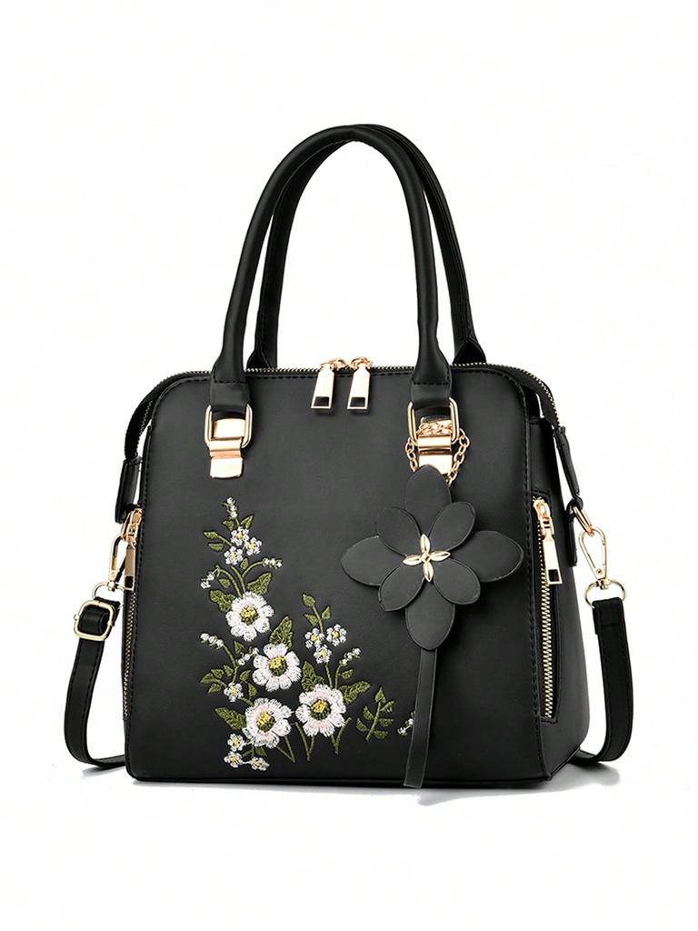 Floral detail shoulder bag, fashionable zipper work large capacity handbag, casual crossbody bag