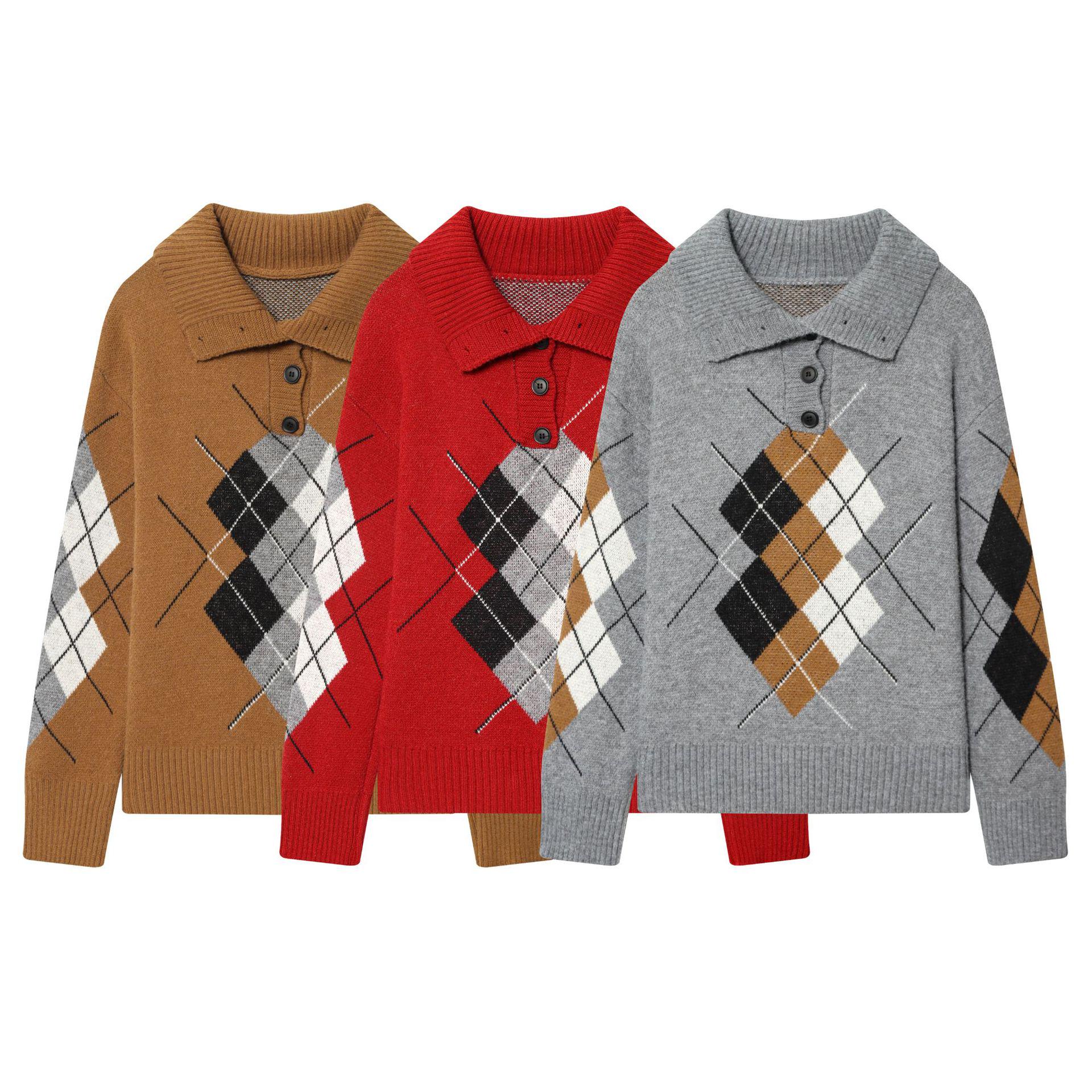 European Fashion Casual Knitwear with Vertical Rhombus Pattern Small