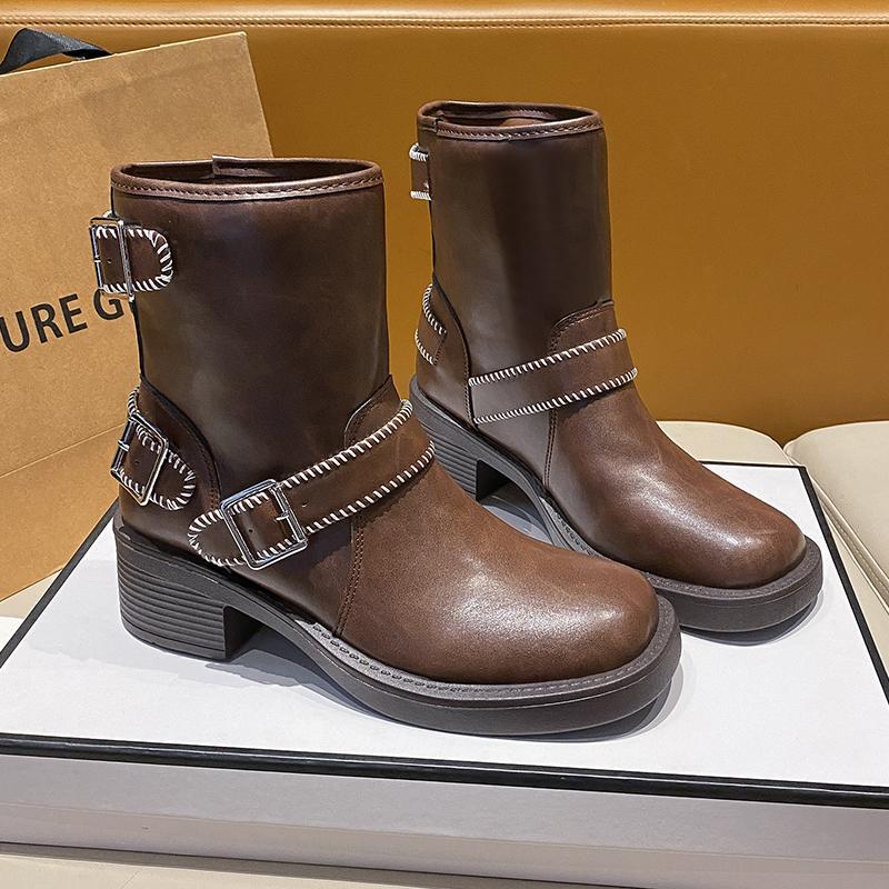 Fashion Fashion Silver Buckle Decoration Riding Boots Women 2025 Winter Square Toe Medium Heel Modern Shoes Sexy Western Cowboy Boots