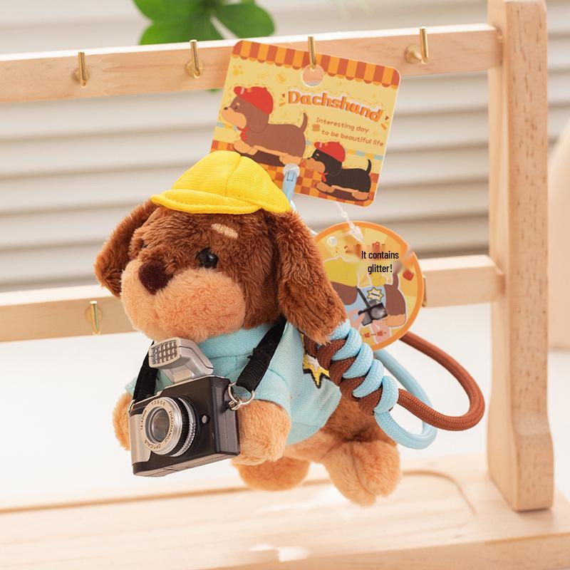Cartoon Dachshund Plush Toy Camera-Style Keychain Backpack Accessory