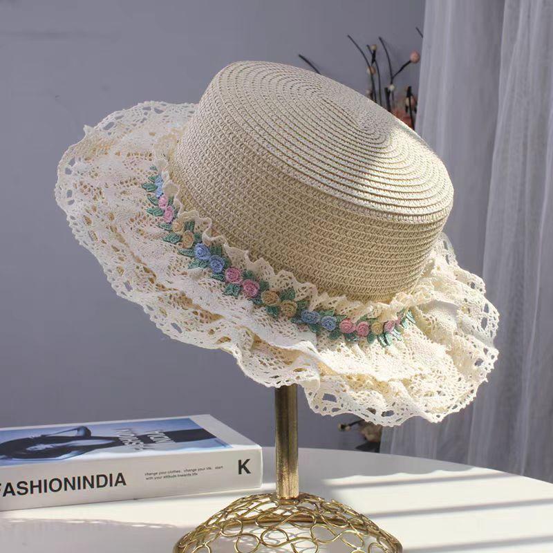 Lace Bow Straw Hat Women's Summer French Large Brim Sunscreen Hat Seaside Beach Vacation Sun Hat