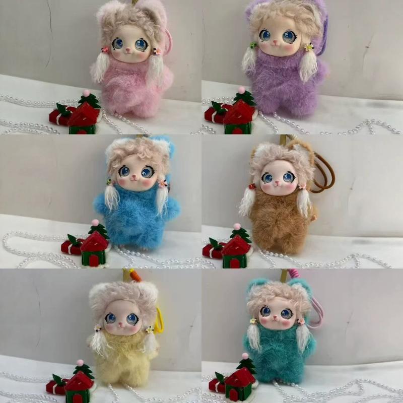 Cute Blue Fluffy Plush Doll Pendant Adorable Big Eyes Floral Braids Perfect Bag Decor Girls Birthday Gifts