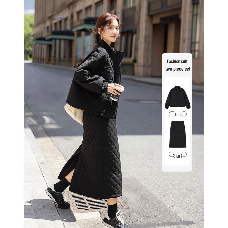 Demana Winter Warm Stand Collar Jacket & Quilted Skirt Set