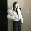 Women's Dark Blue Short Puffer Jacket with Big Fur Collar