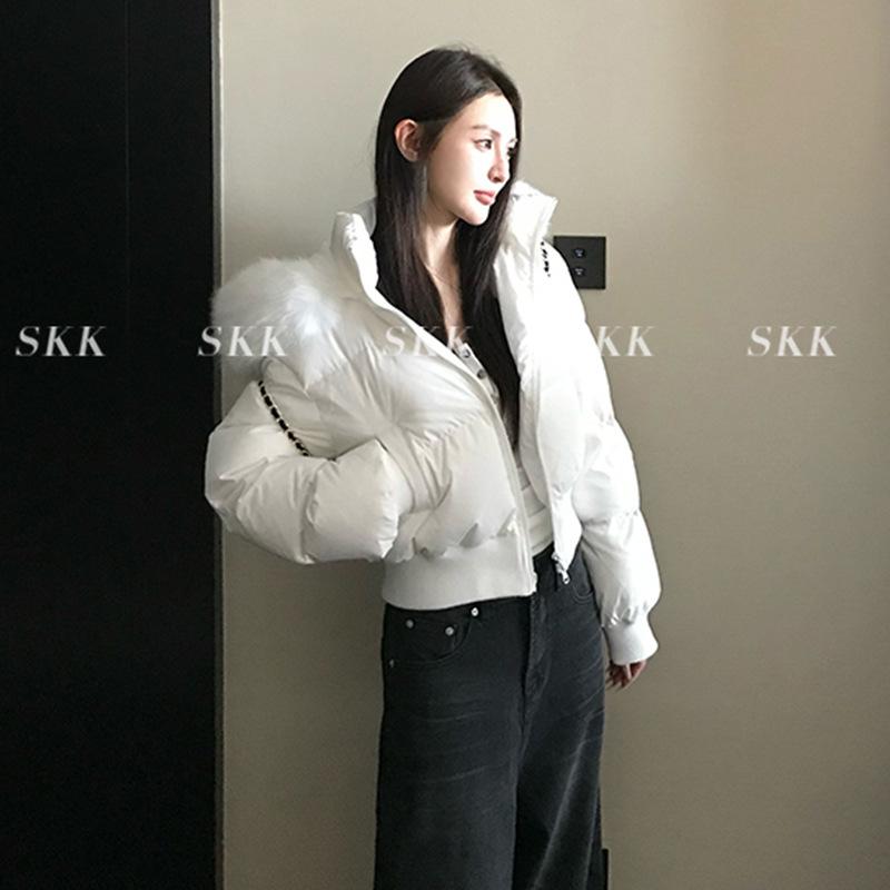 Women's Dark Blue Short Puffer Jacket with Big Fur Collar