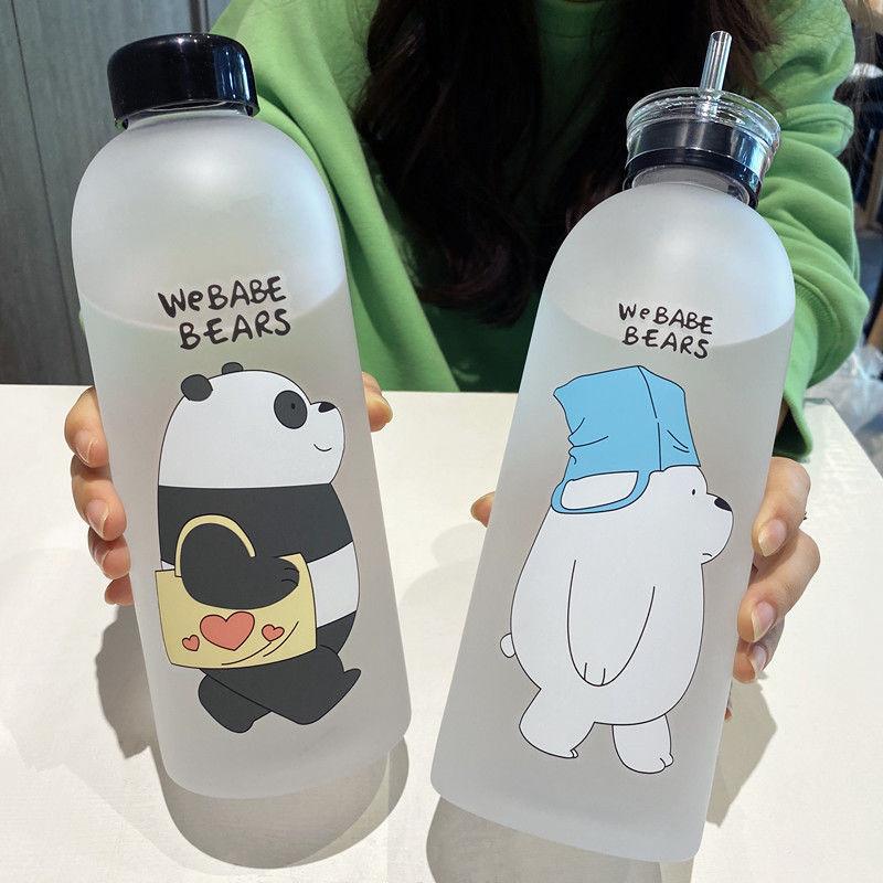 1000 ml roztomilý pohár Panda Bear Plastová průhledná matná kreslená láhev na vodu