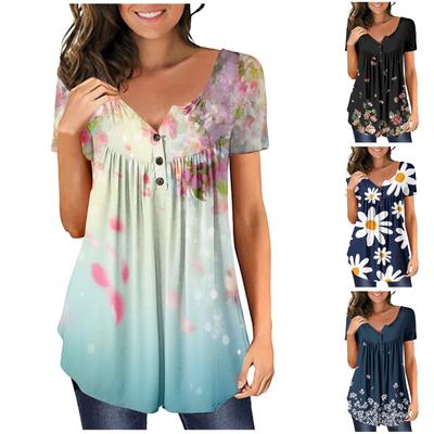 Damen-Pullover, lässig, modisch, Übergröße, bedruckt, kurzärmelig, Knopfleiste, V-Ausschnitt
