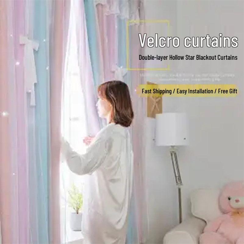 Self-Adhesive Blackout Velcro Curtain with Header for Balcony, Bedroom, Bay Window