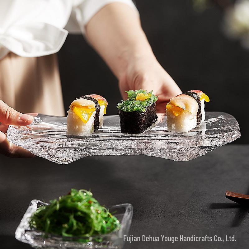 Japanese Style Glass Sushi and Dessert Plate - Rectangular Tray for Sashimi and Western Food