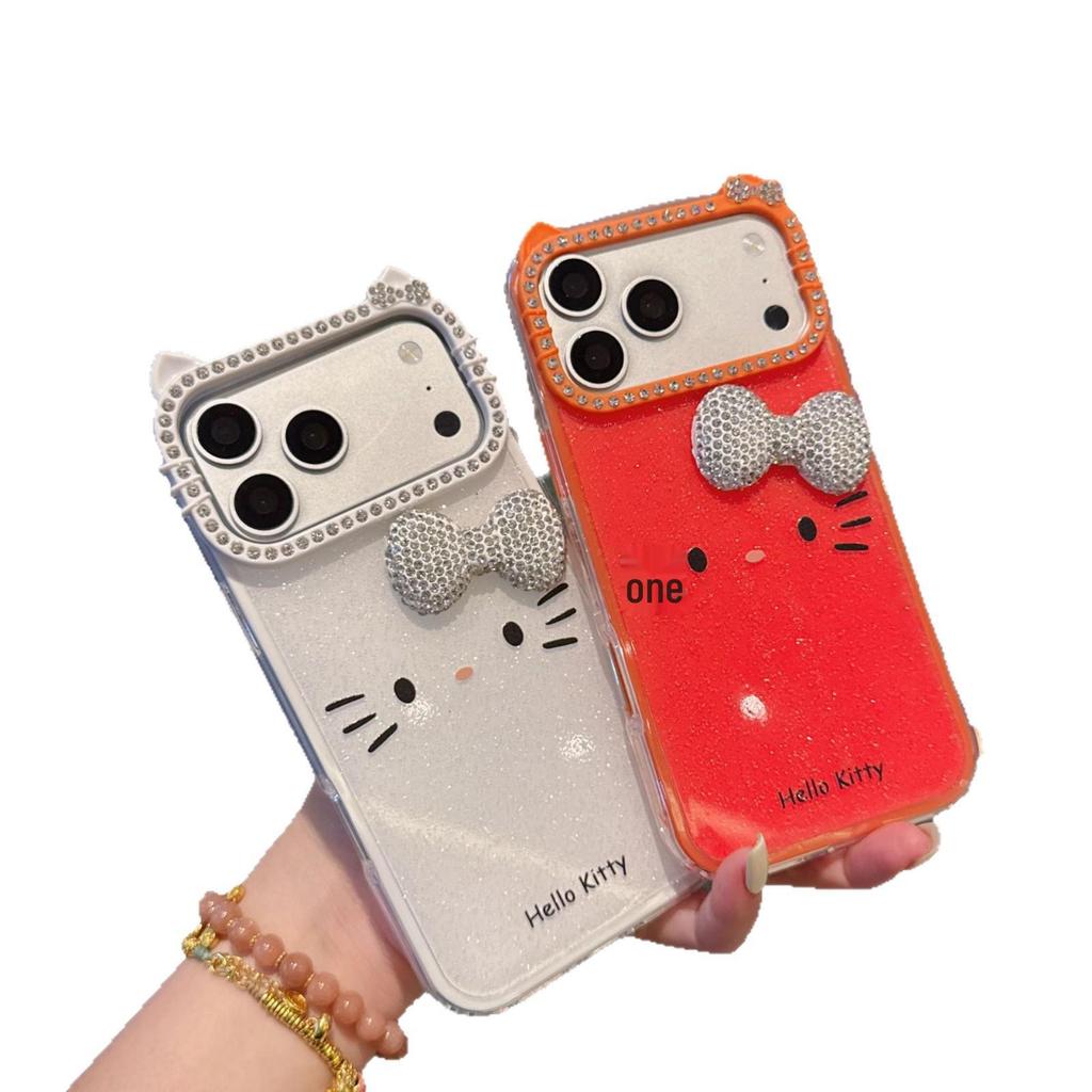 Glitter Cat Ear Phone Case for iPhone 11/15/16/17 Pro Max with Bow