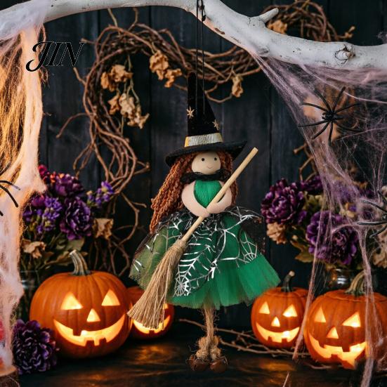 Festlicher Halloween-Schmuck Hexe Puppe mit Besen, Kleine Hängende Figur Partydekorationen Tüllrock für Spukhaus, Türfenster Dekor