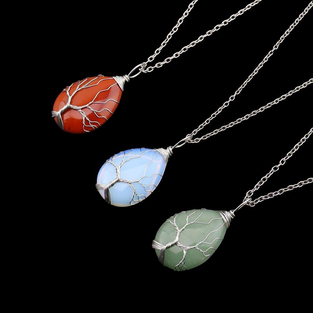 Natural Stone Crystal Agate Water Drop Winding Silk Tree Of Life Pendant Necklace Sweater Chain Water Drop Rough Stone N779