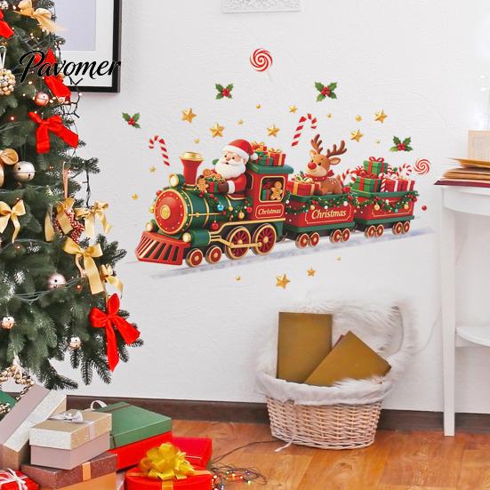 Kids Room Christmas Ornament Train Wall Sticker, Santa Claus Reindeer Decals, Self Adhesive Waterproof Glass Stickers Murals, Removable PVC Art Decor