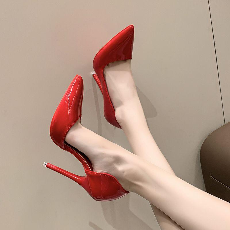 12 thin heels sexy red inner high heels women's 41 red sole side empty large size 42 light mouth patent leather work shoes 43