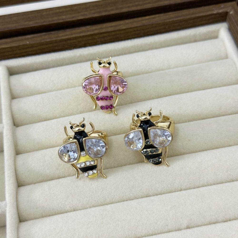 Punk Rhinestone Bee Ring Enamel Design Colorful Bee Ring Trendy Vintage Bee Ring  Casual Wear