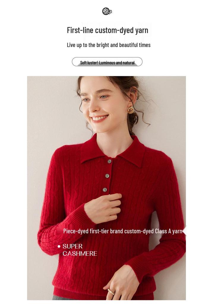 Women's Slim Fit Cable Knit Cashmere Polo Neck Sweater - Autumn/Winter New Style