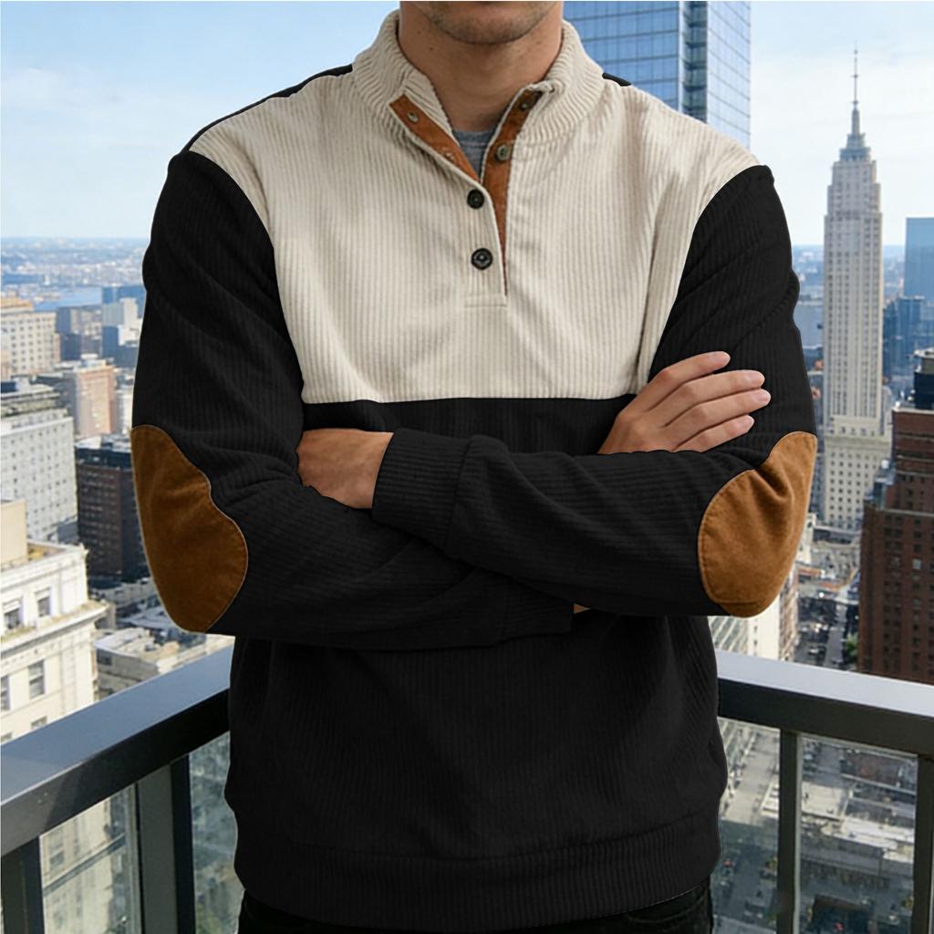 New Men's Corduroy Patchwork Contrast Collar Oversized Long-Sleeved Knitted Sweatshirt