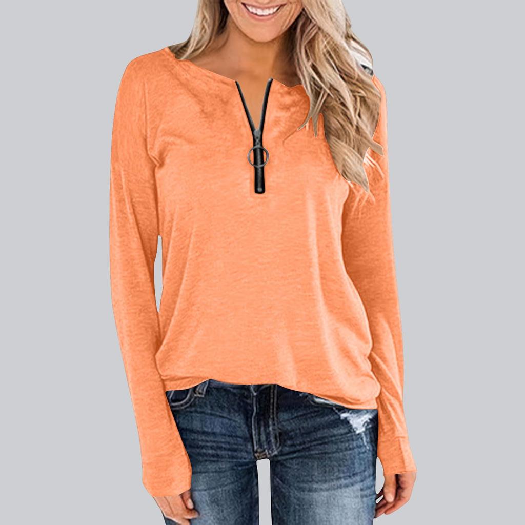 Women's Loose Comfortable Casual Fashionable Long Sleeved Pullover With Zipper And Solid Color Top
