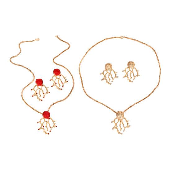 Faux Red Coral Drop Earrings And Necklace Textured Alloy Jewelry with Red Enamel Zircon Accents Unique Ocean-Inspired Design Gift for Women