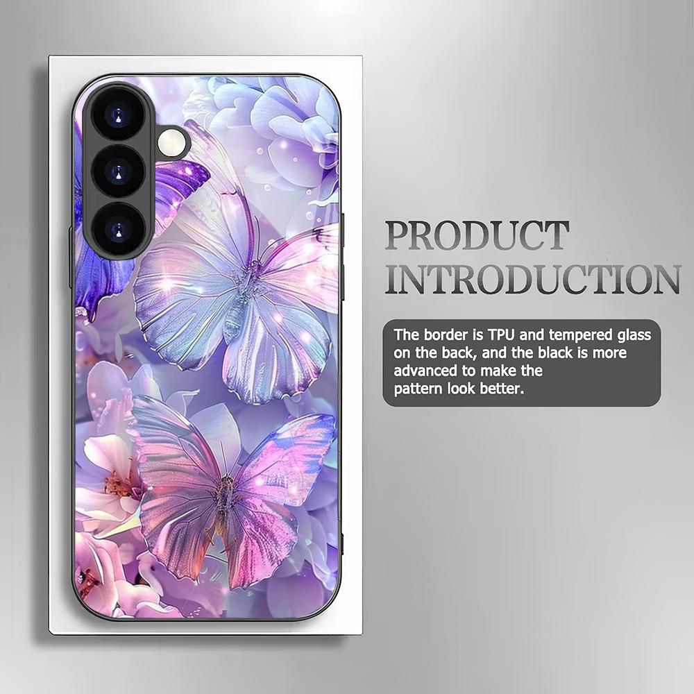 Funda de teléfono de vidrio templado con mariposa morada clara adecuada para Samsung Galaxy S26 S25 S24 S23 S22 S21 S20 FE/Ultra/Plus anticaída