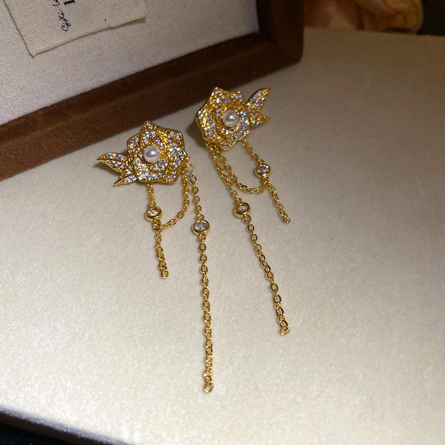 Pearl Zircon Flower Tassel Earrings Retro Pendant Jewelry