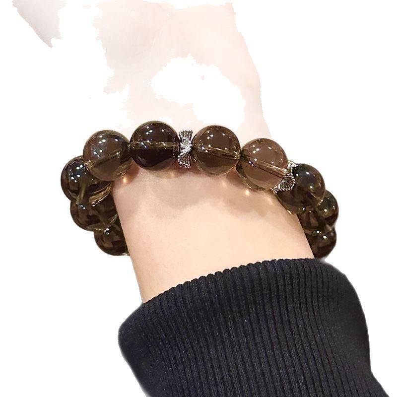 Natural Tea Crystal12mm Single-loop bracelet paired with white crystal, new Chinese-style large bead bracelet, fashionable for both men and women