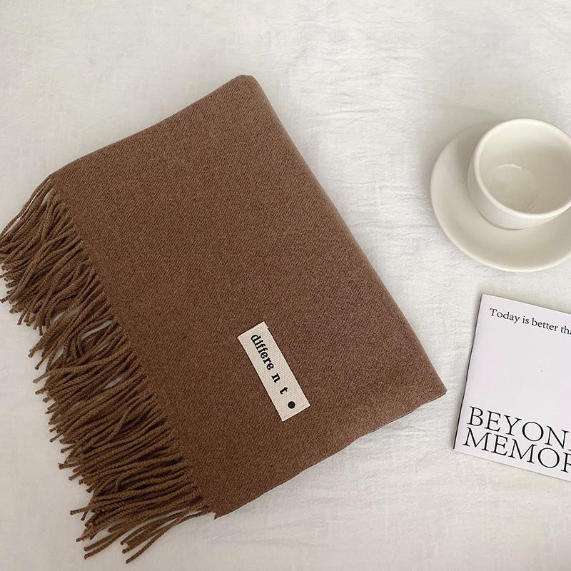 Flowing Fringe, Color-blocked, Simple Design, Faux Cashmere-like Scarf, Winter-thick, Cape-style, Student-friendly, Solid Color.