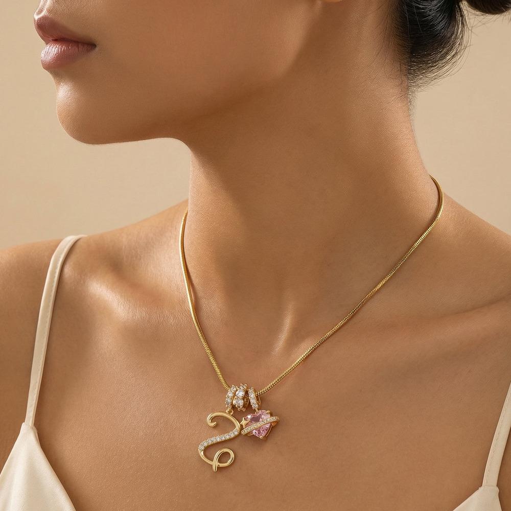 

Vnox New Romantic Pink Love Heart Pendant A-Z Letters Necklace for Women, Luxury Zircon DIY 26 Letters Necklace Anniversary Gift